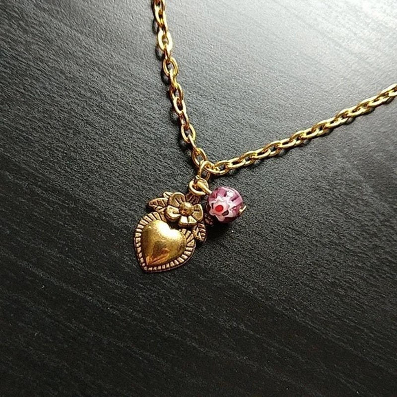 Anklet, Gold Heart Flower + Glass Bead 9" Old New Stock Fashion Jewelry